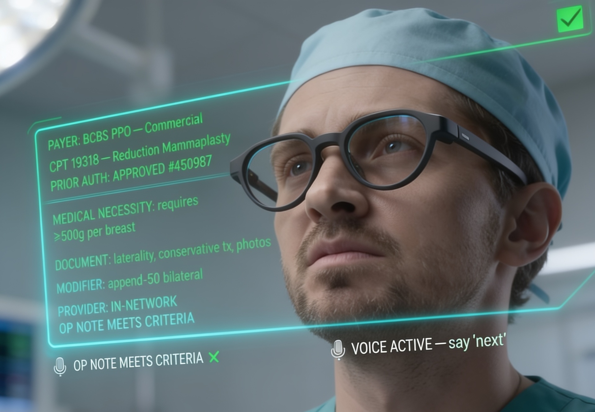 Surgeon in the OR with coverage checklist cued in-view